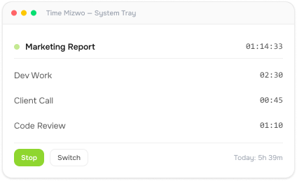 TimeMizwo timer controls in the Windows system tray