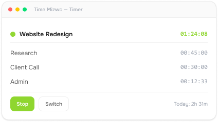 TimeMizwo one-click timer with active and recent entries